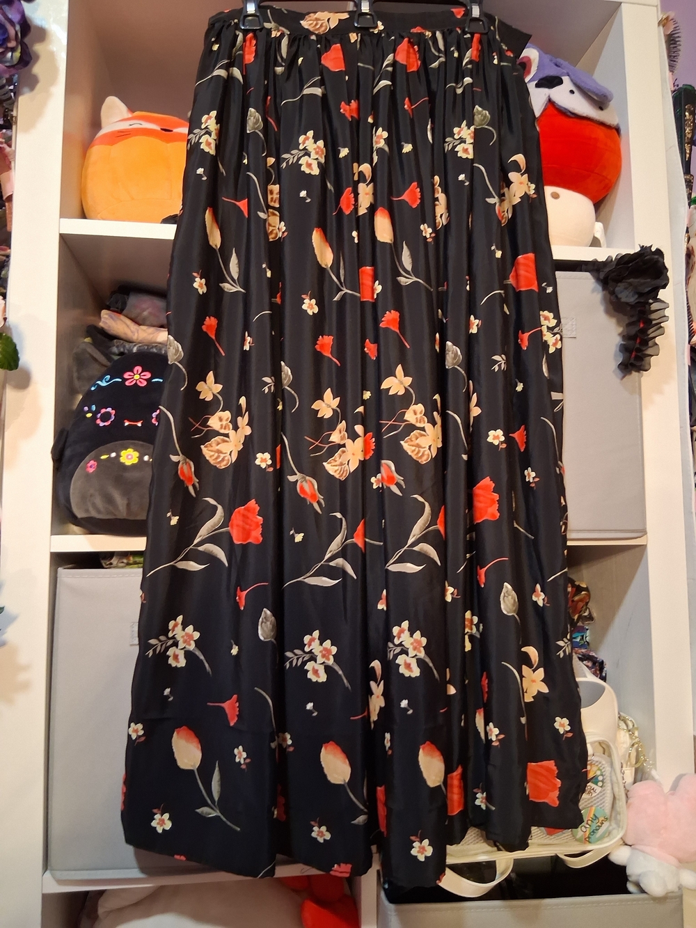 Black Floral Maxi Skirt with Red & Cream Blooms